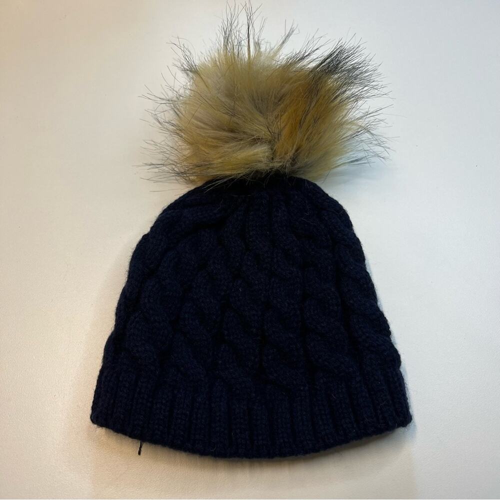 Starting Out Children’s Beanie, Navy Blue Cable Knit w/ Brown Faux Fur Pom, NWT!